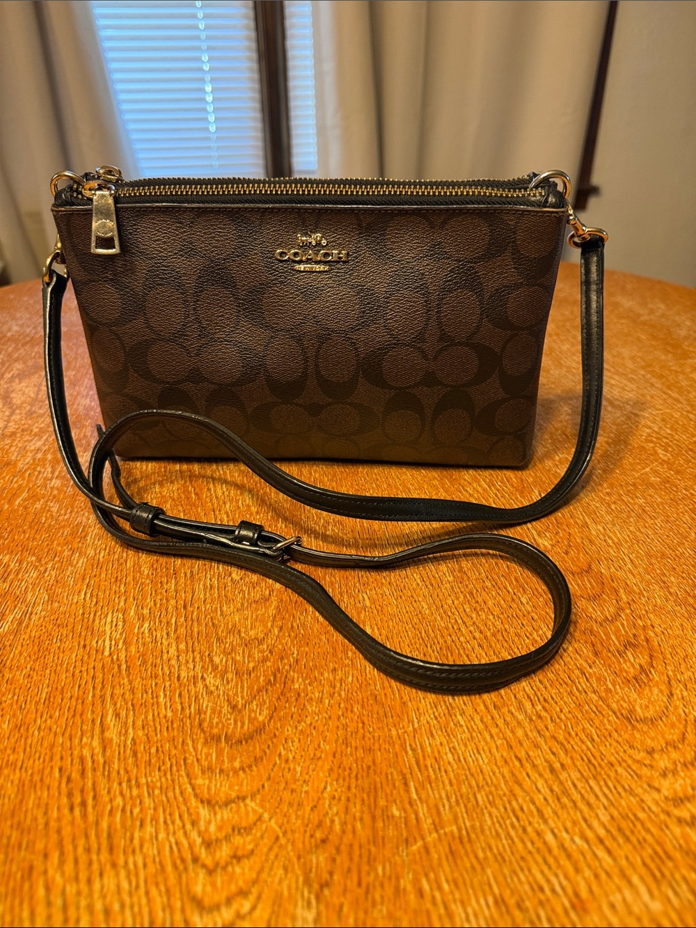 Coach Dark Brown Signature Crossbody Bag with Black Strap